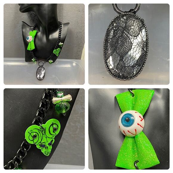Handmade Jewelry - Hand Embellished Necklace eyeball bow, crystal lace pendant guitar pick beads